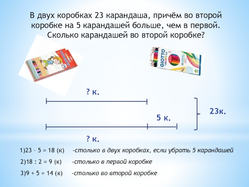 В трех коробках лежат 49 карандашей в первой коробке на 6 штук меньше схема