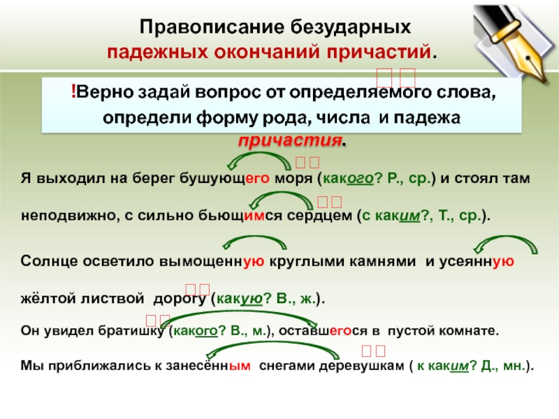 Склонение причастий падежные окончания причастий. Безударные гласные в окончаниях причастий. Правописание окончаний причастий. Правописание безударных окончаний причастий правило. Как определить падеж причастия.