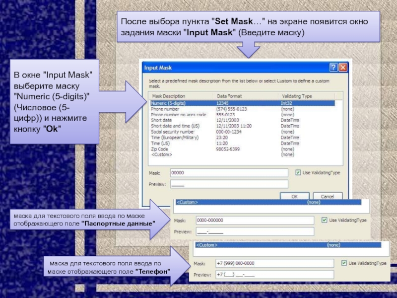 Выберите пункт. Окно input data. Поле отображения. Текстовая маска инпут. Маска в текстовом поле.