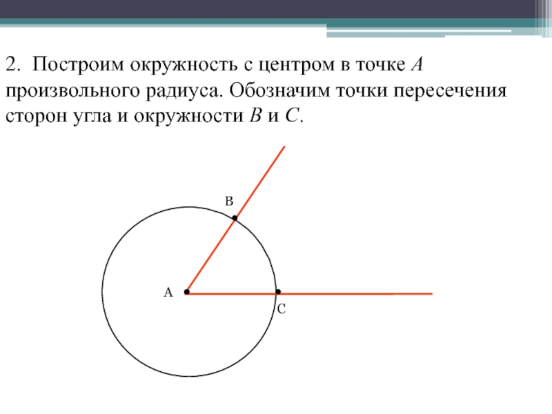 Точка пересечения сторон угла. Произвольный радиус. Произвольгац Унол окружности. Построение угла окружности. Окружность произвольного радиуса.