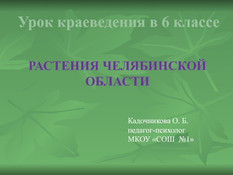 Урок краеведения в 6 классеРАСТЕНИЯ ЧЕЛЯБИНСКОЙ ОБЛАСТИКадочникова О. Б.педагог-психологМКОУ «СОШ №1»