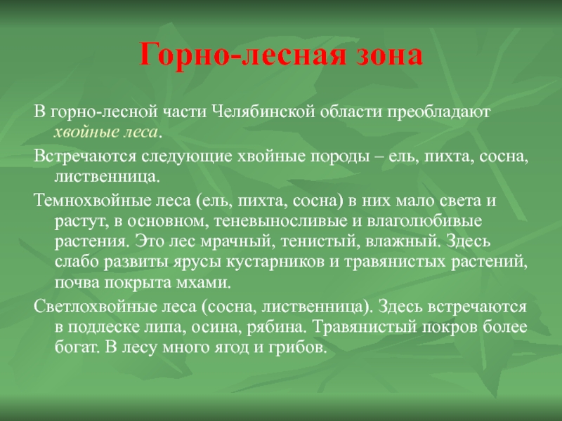 Горно-лесная зонаВ горно-лесной части Челябинской области преобладают хвойные леса.Встречаются следующие хвойные породы – ель, пихта, сосна, лиственница.Темнохвойные