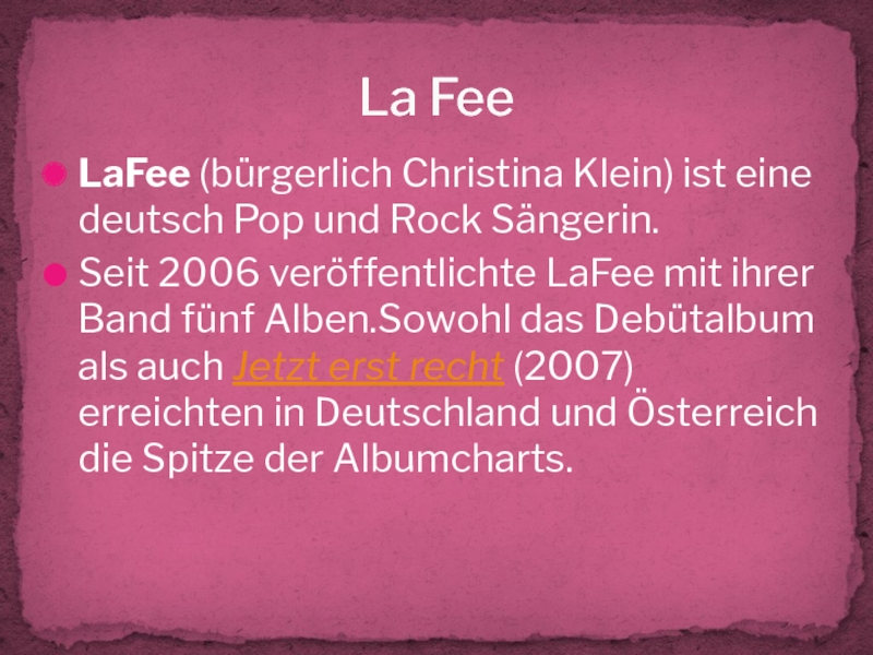 LaFee (bürgerlich Christina Klein) ist eine deutsch Pop und Rock Sängerin.Seit 2006 veröffentlichte LaFee mit ihrer Band