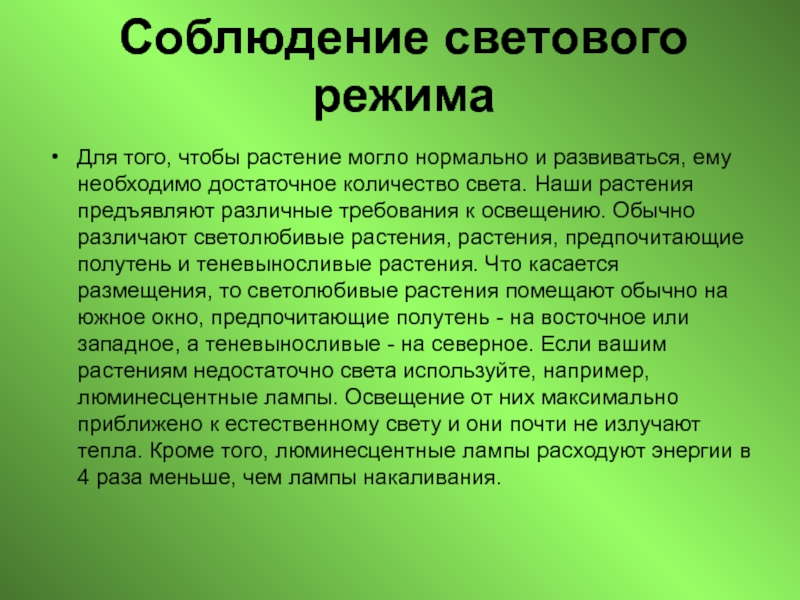 Световой режим виды