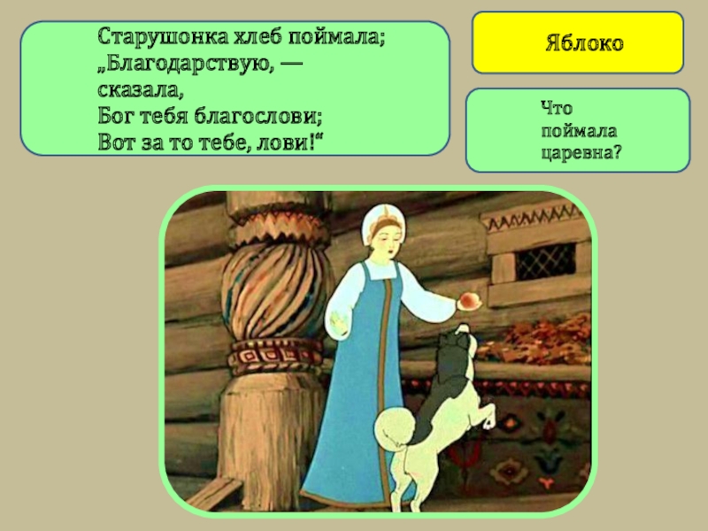 Кто дал яблочко царевне в сказке пушкина. Старушонка хлеб поймала благодарствую сказала ответ. Зело благодарствую. Вот те яблочко, лови.