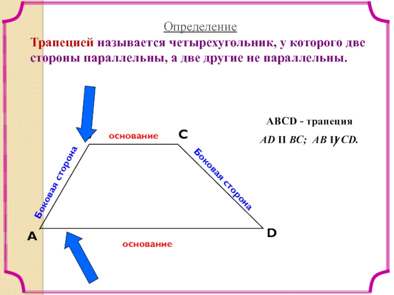 AВСDБоковая сторонаБоковая сторонаОпределениеТрапецией называется четырехугольник, у которого две стороны параллельны, а две другие не параллельны. ABCD -