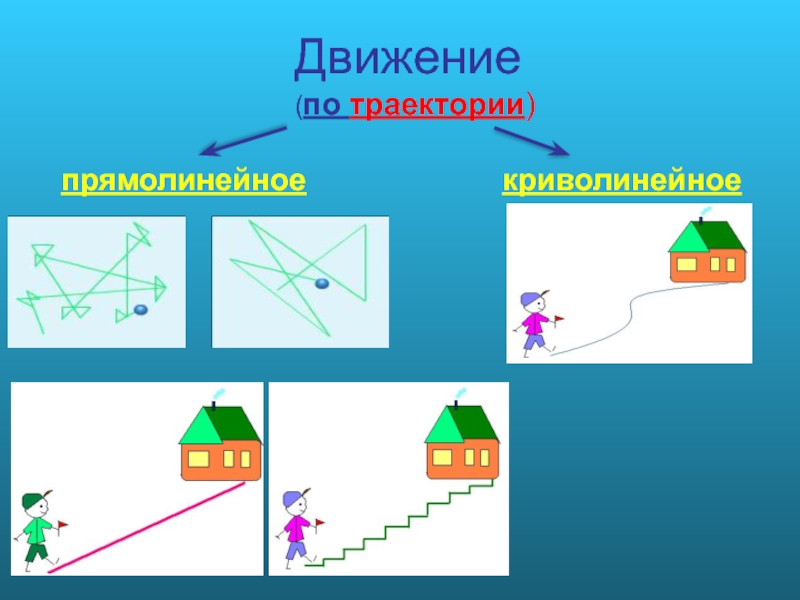 Виды движения рисунок. Прямолинейное и криволинейное движение. Примеры кривр линейного движения. Криволинейное движение рисунок. Движение по криволинейной траектории рисунок.