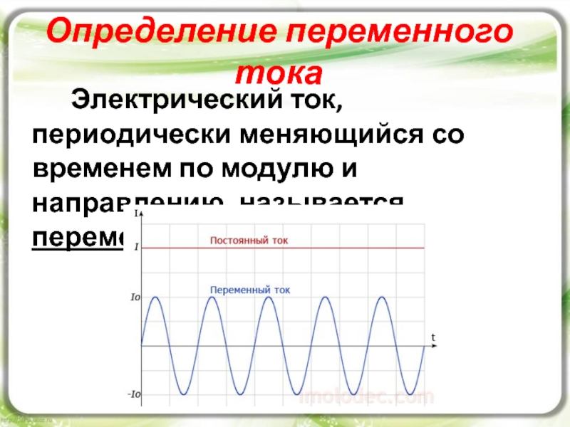 Определение переменного тока    Электрический ток, периодически меняющийся со временем по модулю и направлению, называется