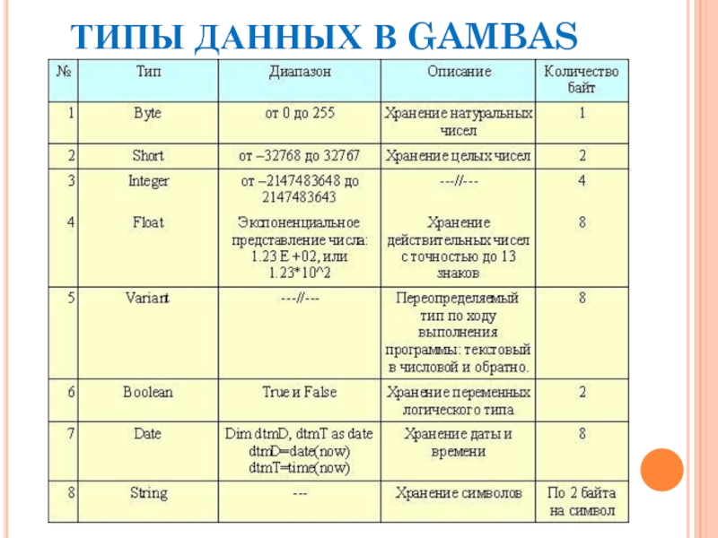 Количество описание. Типы данных в gambas. Типы данных Информатика презентация. Типы переменных в Гамбас. Тип данных для хранения действительных чисел.