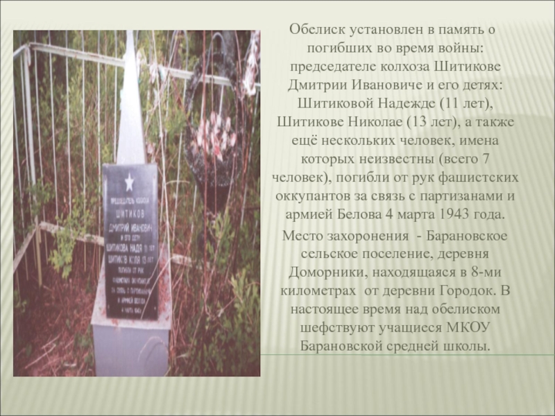 Обелиск установлен в память о погибших во время войны: председателе колхоза Шитикове Дмитрии Ивановиче и