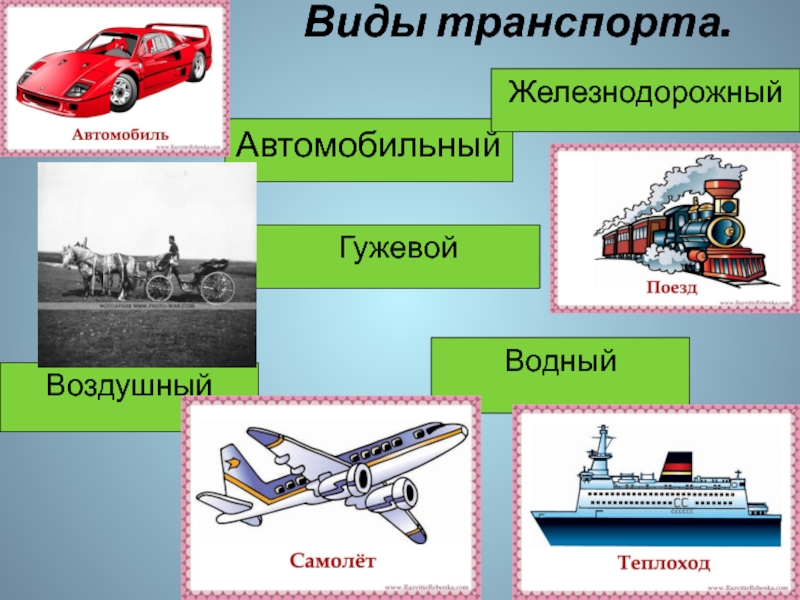 Виды транспортных. Виды транспорта. Транспорт виды транспорта. Виды транспорта автомобильный Железнодорожный. Автомобильный воздушный Водный транспорт.
