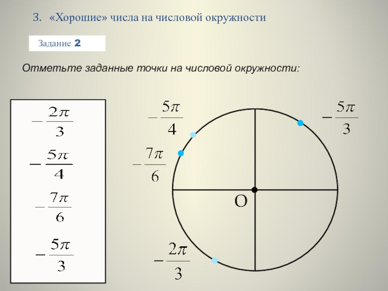 Точка 2 на числовой окружности. Точки на числовой окружности. Хорошие числа на числовой окружности. Отметьте на числовой окружности точки. Задания на числовую окружность 10 класс.