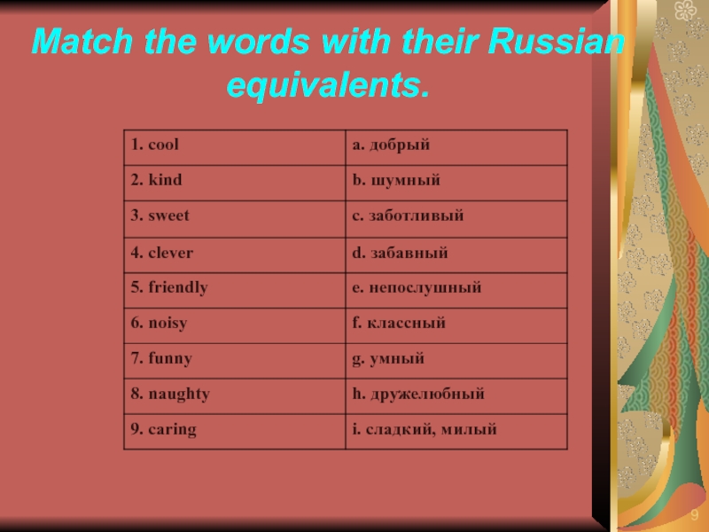 Match the word combinations. Match the Words with their Russian equivalents. Match with the Russian equivalents. Cool kind Sweet Clever. Match the English Words with their Russian equivalents ответы.