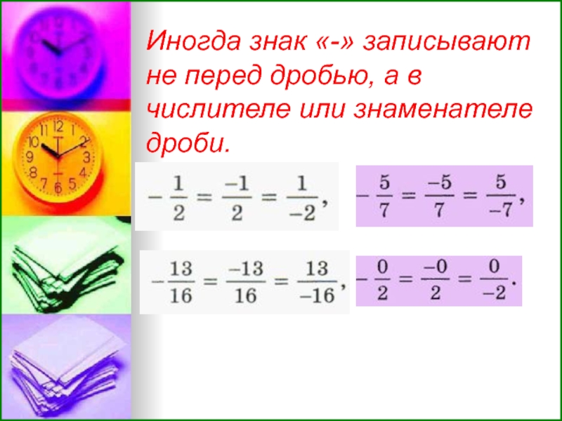 Дробь символ. Дробь с отрицательным знаменателем. Если минус перед дробью. Знак минус перед дробью. - Перед дробью.