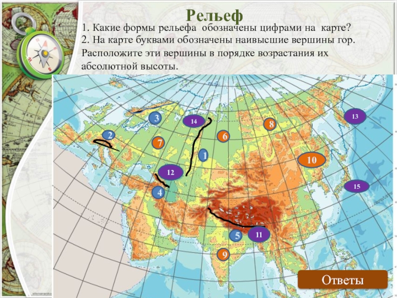 Какие объекты расположены на территории евразии. Карта Евразии географическая формы рельефа. Карта рельеф Евразии география 7 класс. Крупнейшие рельефы в Евразии. Название крупных форм рельефа Евразии.