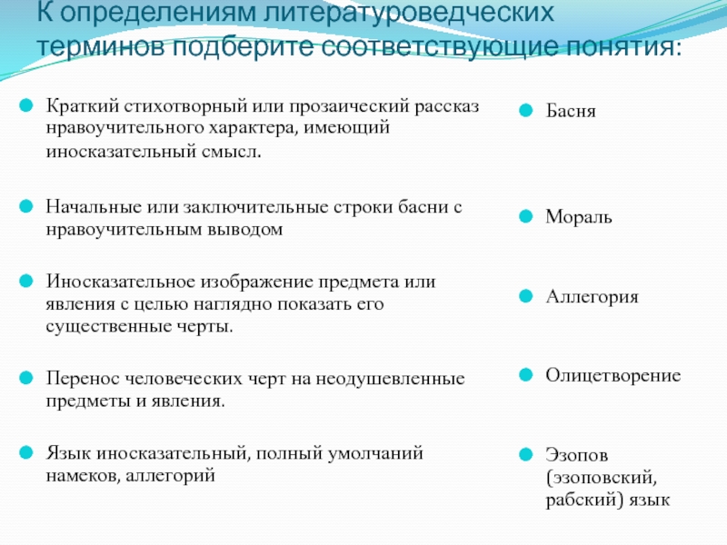 Начальные и заключительные строки басни. Иносказательное изображение предмета явления. Термины кратко 5 класс.