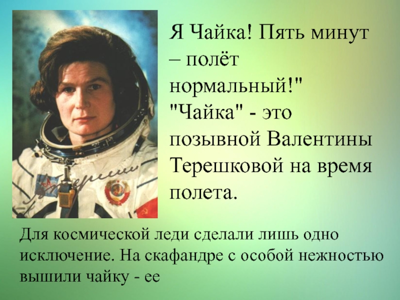 Позывной терешковой первом полете. 5 Минут полет нормальный. Чайка позывной Терешковой.