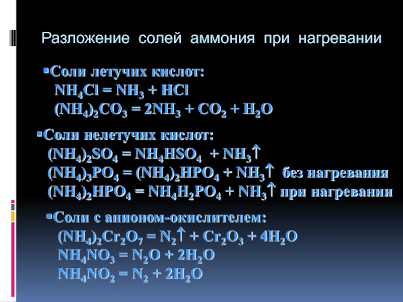 Реакция карбоната аммония и азотной кислоты. Разложение солей аммония таблица. Реакции разложения солей аммония. Разложение солей аммония при нагревании. Разложение молей амлния принашревании.