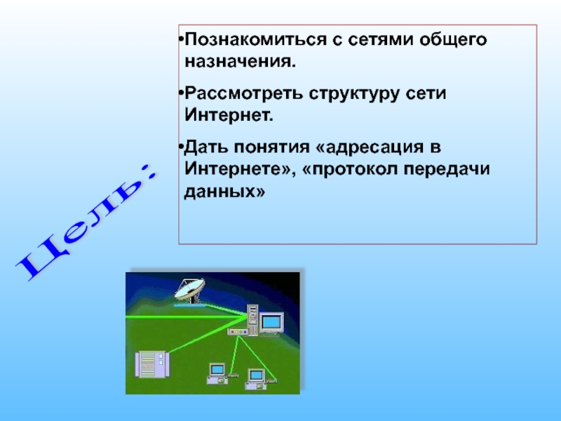 Цель сети. Сети общего назначения. Глобальная сеть интернет: структура, адресация, протоколы передачи. Состав сети интернет. Протоколы интернета презентация 5-6 слайдов.