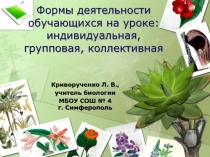 Формы деятельности обучающихся на уроке: индивидуальная, групповая, коллективная