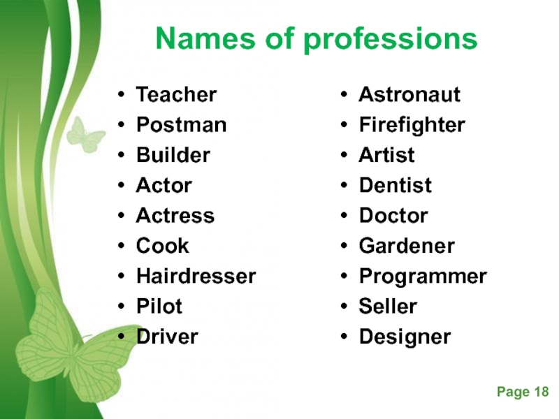 Read the words after the speaker. About Professions. List of Professions. Professions Vocabulary. Types of Professions.