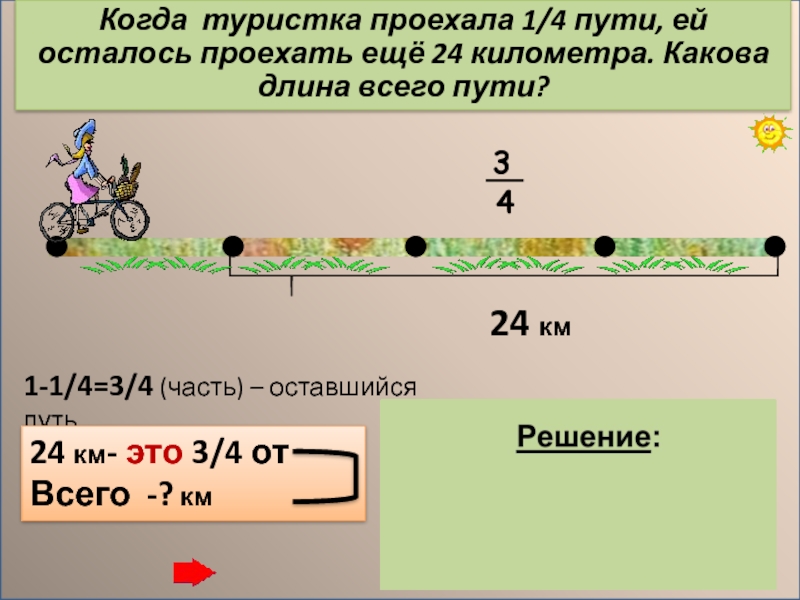 Когда туристка проехала 1/4 пути, ей осталось проехать ещё 24 километра. Какова длина всего пути?24 км1-1/4=3/4 (часть)