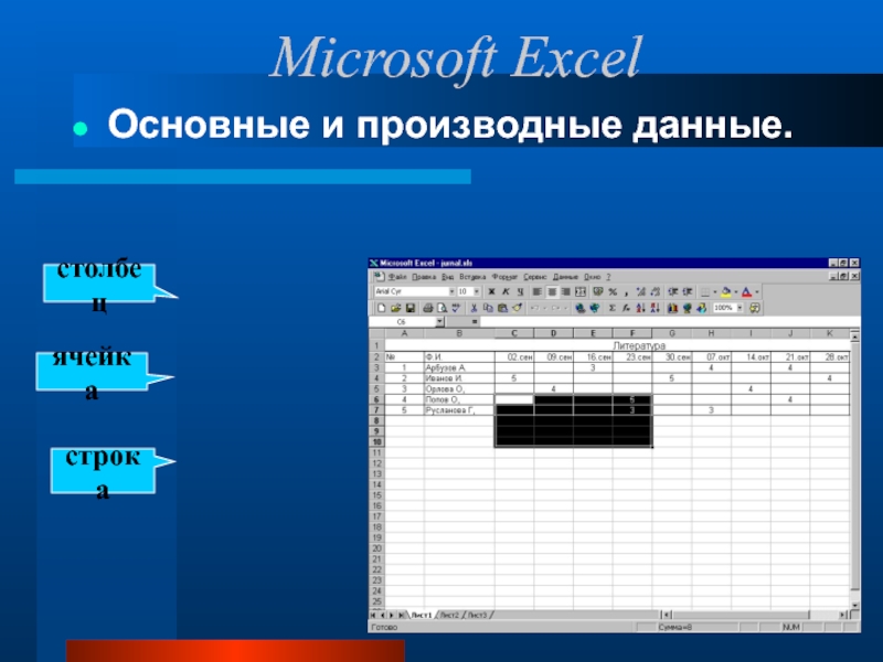 Основные и производные данные.ячейкастрокастолбецMicrosoft Excel