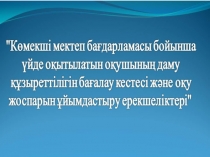 К?мекші  мектеп  ба?дарламасы  бойынша  ?йде  о?ытылатын  о?ушыны?  даму  ??зіреттілігін  ба?алау  кестесі  ж?не  о?у  жоспарын  ?йымдастыру  ерекшеліктері.