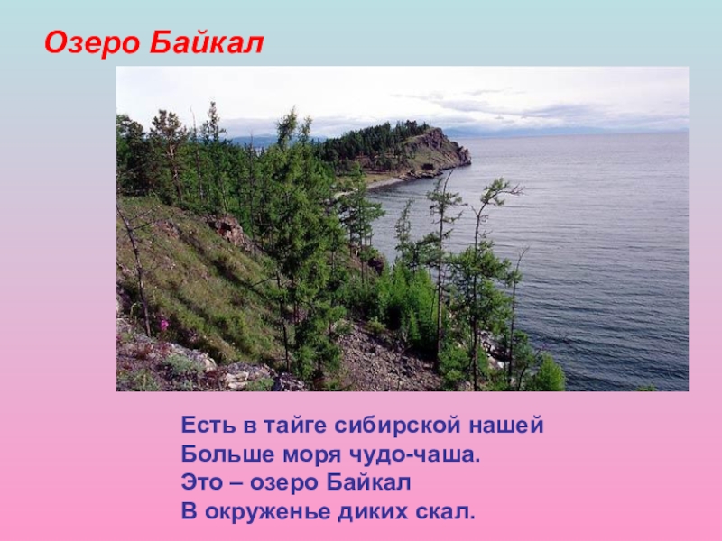 Озеро БайкалЕсть в тайге сибирской нашейБольше моря чудо-чаша.Это – озеро БайкалВ окруженье диких скал.