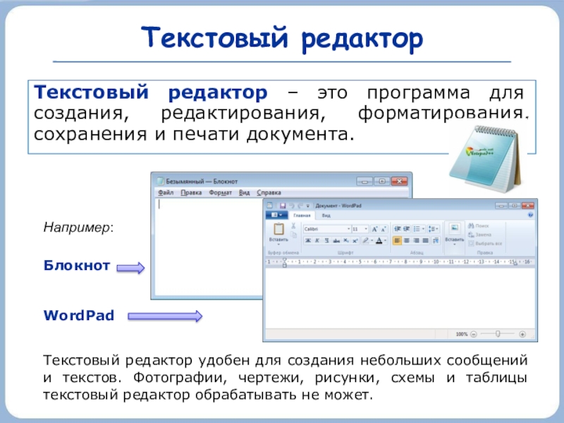 Текстовый редакторТекстовый редактор – это программа для создания, редактирования, форматирования, сохранения и печати документа.Текстовый редактор удобен для