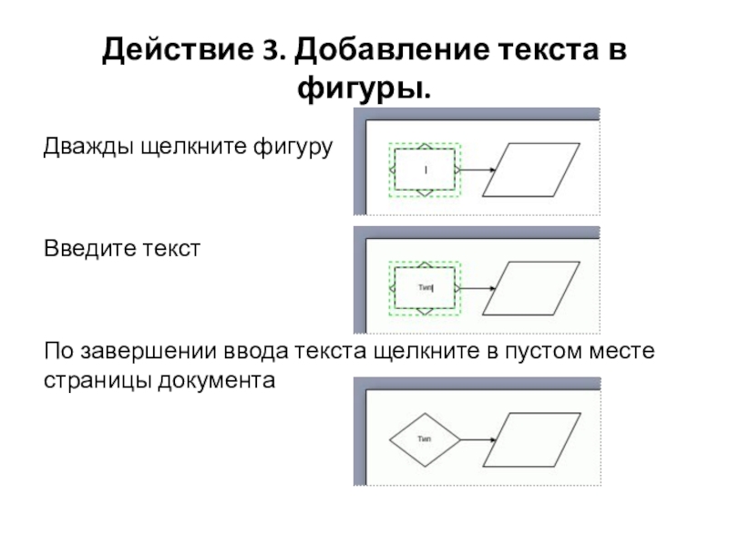 Действие 3. Добавление текста в фигуры.Дважды щелкните фигуруВведите текстПо завершении ввода текста щелкните в пустом месте страницы