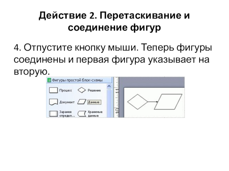 Действие 2. Перетаскивание и соединение фигур4. Отпустите кнопку мыши. Теперь фигуры соединены и первая фигура указывает на