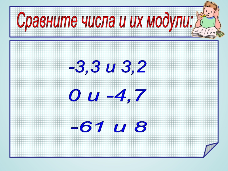 Сравните числа и их модули. Сравните числа -(-3) модуль -3 модуль. Как сравнить числа и их модули. Сравните числа и их модули -7 и 7.