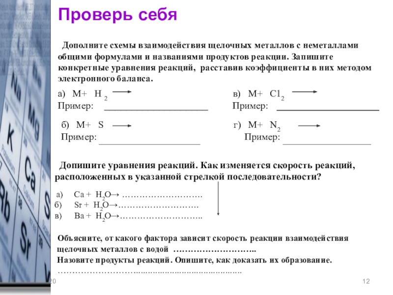 Схема реакций щелочных металлов