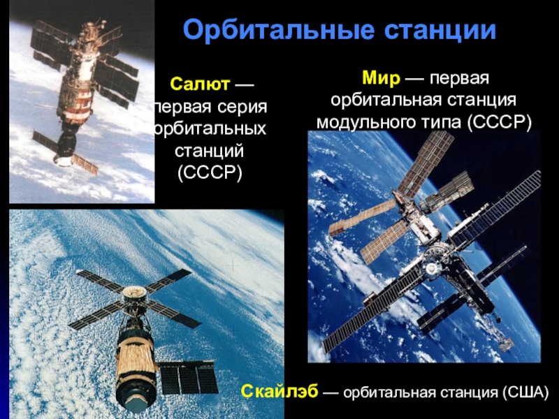 Мир — первая орбитальная станция модульного типа (СССР)  Салют — первая серия орбитальных станций (СССР) Скайлэб — орбитальная