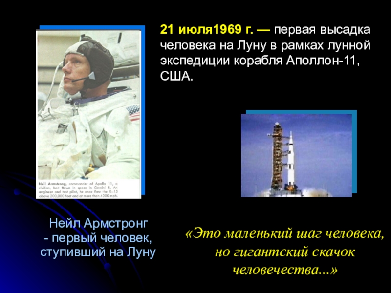 Нейл Армстронг  - первый человек,  ступивший на Луну«Это маленький шаг человека, но гигантский скачoк человечества...»21