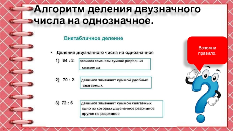 Презентация учителя Алгоритм деления двузначного числа на однозначное.Вспомни правило. Алгоритм деления двузначного числа на однозначное.Вспомни правило.