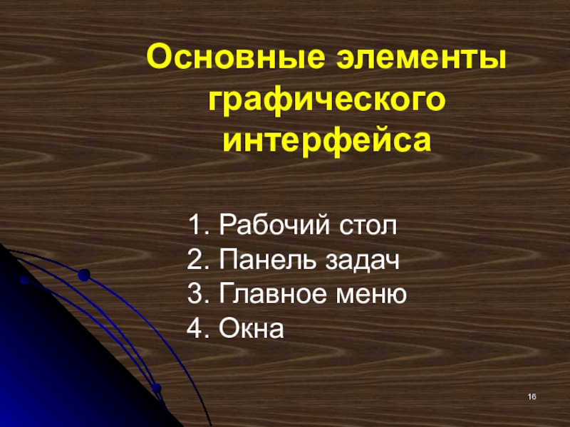 Основные элементы графического интерфейса 1. Рабочий стол 2. Панель задач 3. Главное меню 4. Окна