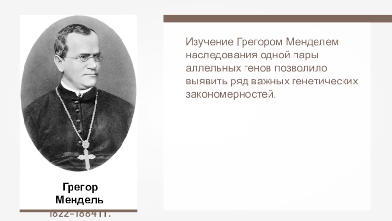 Грегор Мендель
1822–1884 гг.
Изучение Грегором Менделем наследования одной пары