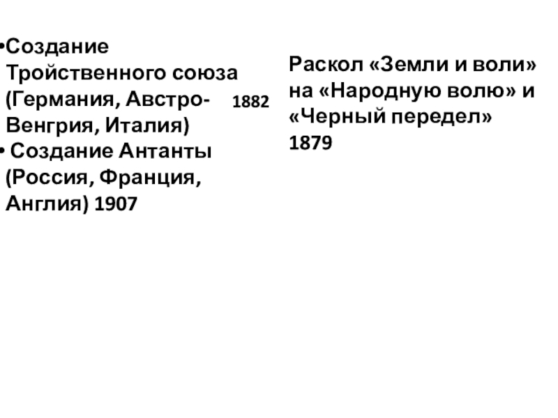 Всеобщая история Синхронизация Создание Тройственного союза (Германия, Австро-Венгрия, Италия) Создание Антанты (Россия, Франция, Англия) Создание Тройственного союза (Германия, Австро-Венгрия, Италия) Создание Антанты (Россия, Франция, Англия) 19071882Раскол «Земли и воли» на «Народную