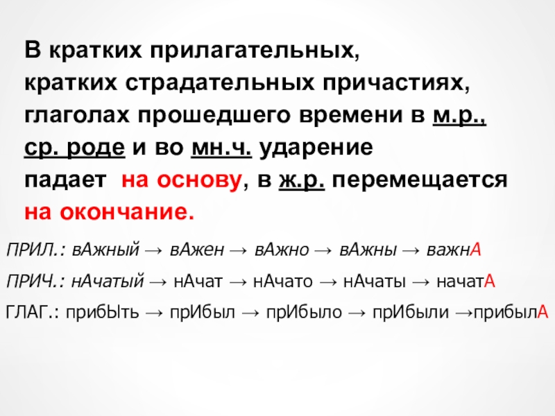 По приведенным образцам образуйте формы прилагательного причастия глагола поставьте ударение начатый