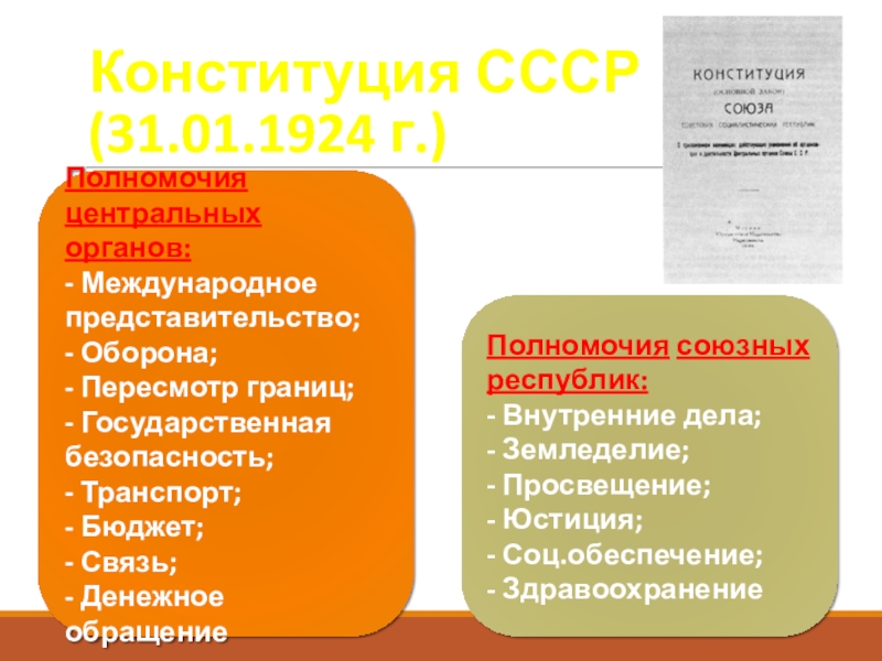 Выполнил: студент группы
ЭТ-1-19, Горбачев М.Ю.
Проверил: Конституция СССР (31.01.1924 г.)Полномочия центральных органов:- Международное представительство;- Оборона;- Пересмотр границ;- Конституция СССР (31.01.1924 г.)Полномочия центральных органов:- Международное представительство;- Оборона;- Пересмотр границ;- Государственная безопасность;- Транспорт;- Бюджет;- Связь;-