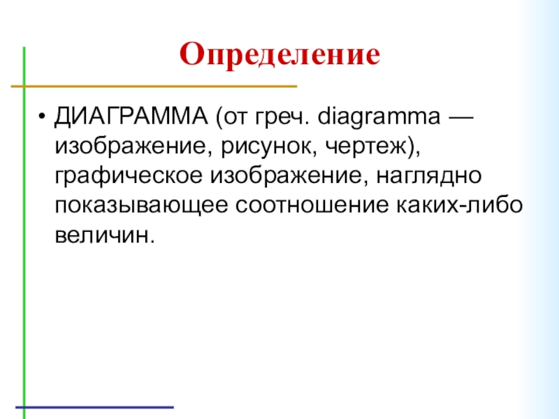 ОпределениеДИАГРАММА (от греч. diagramma — изображение, рисунок, чертеж), графическое изображение, наглядно показывающее соотношение каких-либо величин.