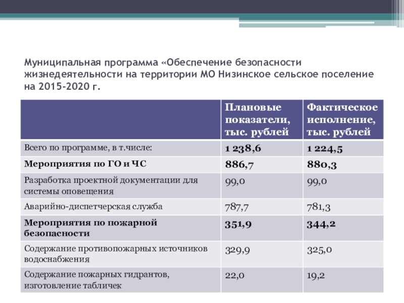 План развития Низинское сельское поселение. Основные характеристики исполнения бюджета муниципального округа.