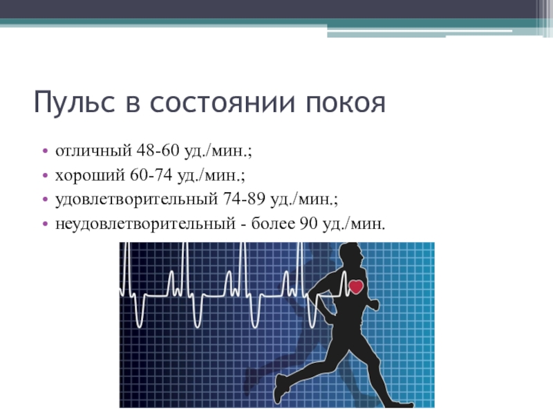 Адаптация к физическим упражнениям Пульс в состоянии покояотличный 48-60 уд./мин.; хороший 60-74 уд./мин.; удовлетворительный 74-89 Пульс в состоянии покояотличный 48-60 уд./мин.; хороший 60-74 уд./мин.; удовлетворительный 74-89 уд./мин.; неудовлетворительный - более 90 уд./мин.