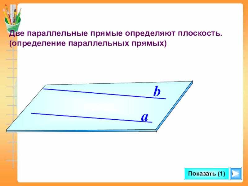 Две параллельные прямые определяют плоскость.(определение параллельных прямых)abПоказать (1)