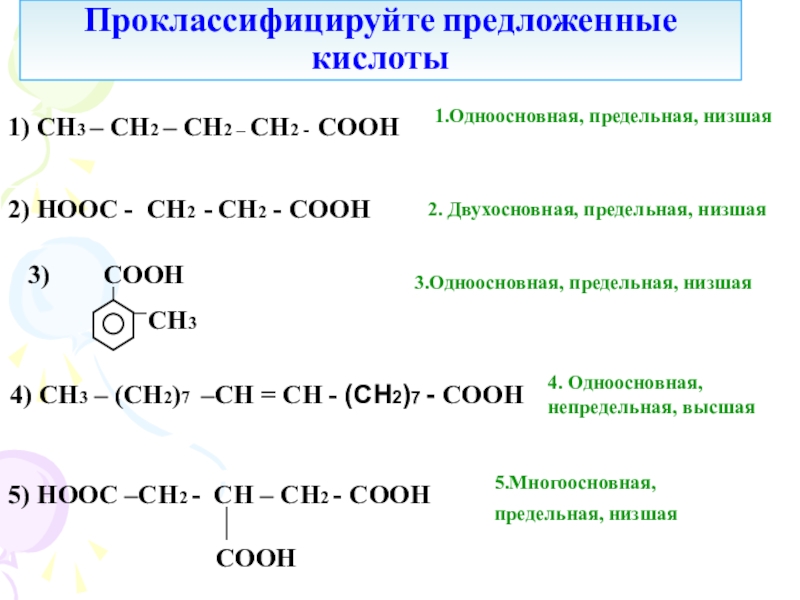 Проклассифицируйте предложенные кислоты1) СH3 – СН2 – СН2 – СН2 - COOH 2) HOOC - СН2 -