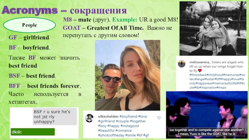 SLANG Acronyms Acronyms – сокращения PeopleM8 – mate (друг). Example: UR a good Acronyms – сокращения PeopleM8 – mate (друг). Example: UR a good M8! GOAT – Greatest Of All
