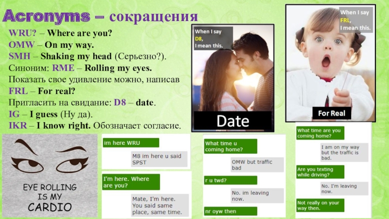 SLANG Acronyms Acronyms – сокращения WRU? – Where are you? OMW – On Acronyms – сокращения WRU? – Where are you? OMW – On my way.SMH – Shaking my head