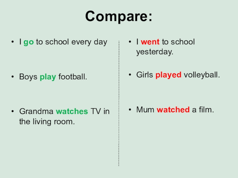 Compare me. I go to School every Day. I went to School yesterday.